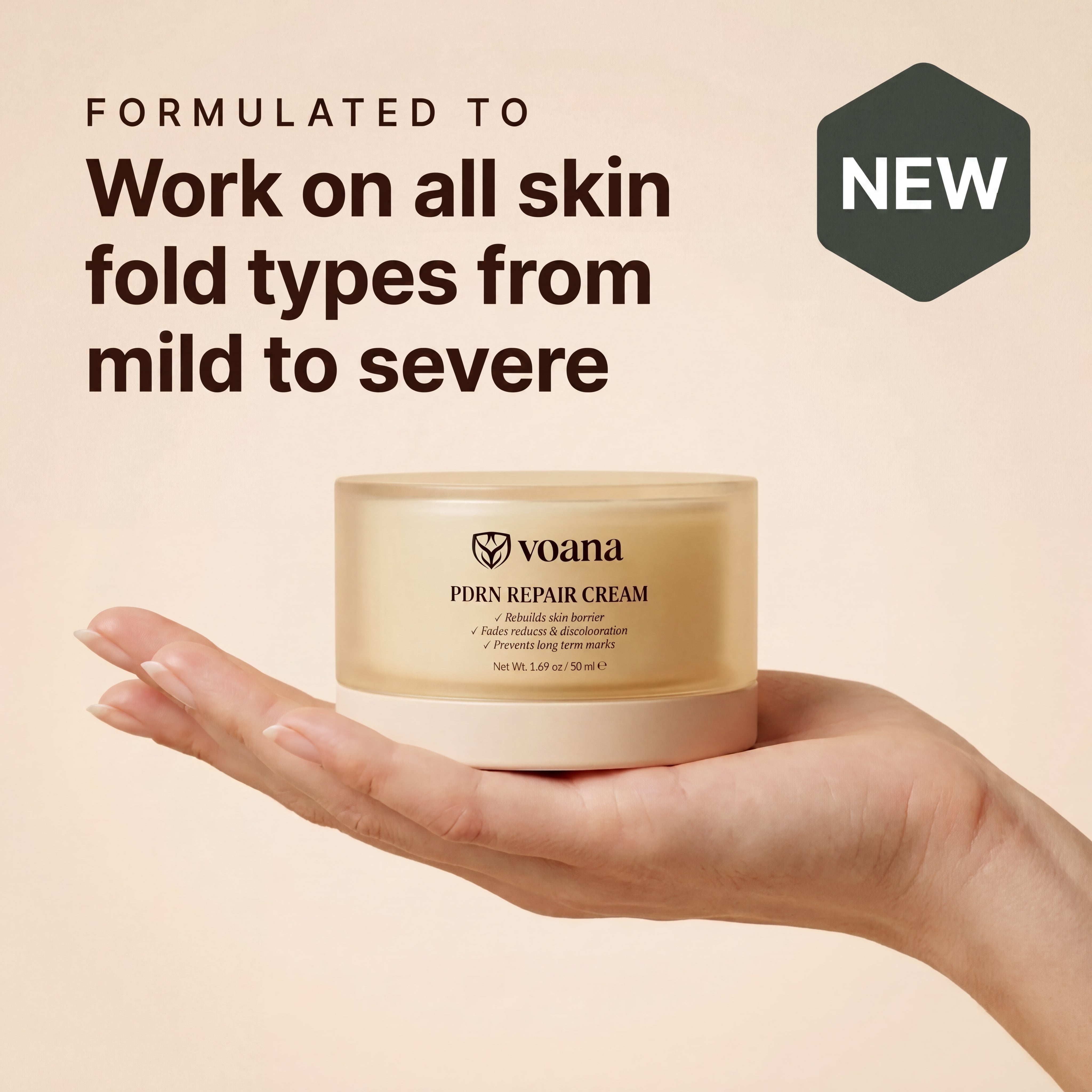 VOANA PDRN Repair Cream works on all skin fold types from mild to severe