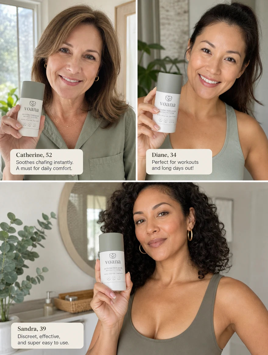 Verified customers Catherine, Diane and Sandra holding the Voana Anti-Friction Stick
