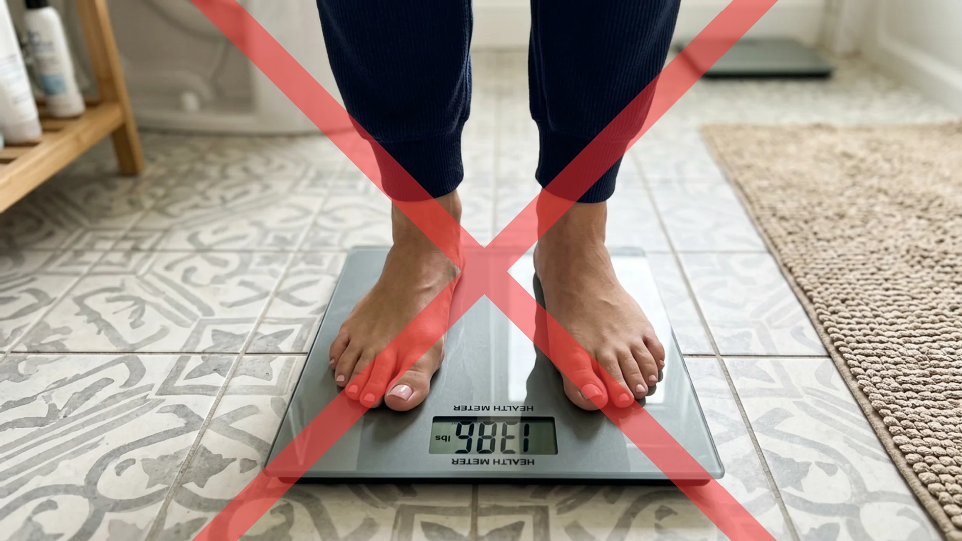 Woman standing on a bathroom scale crossed out — weight loss alone does not stop skin fold rash
